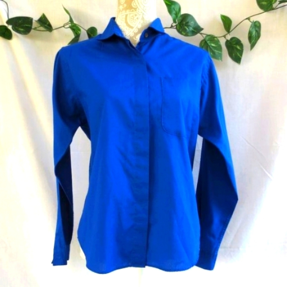 Alicia Shirt Vintage Royal Blue Button Down Classic Cotton Blend Plus Size 14